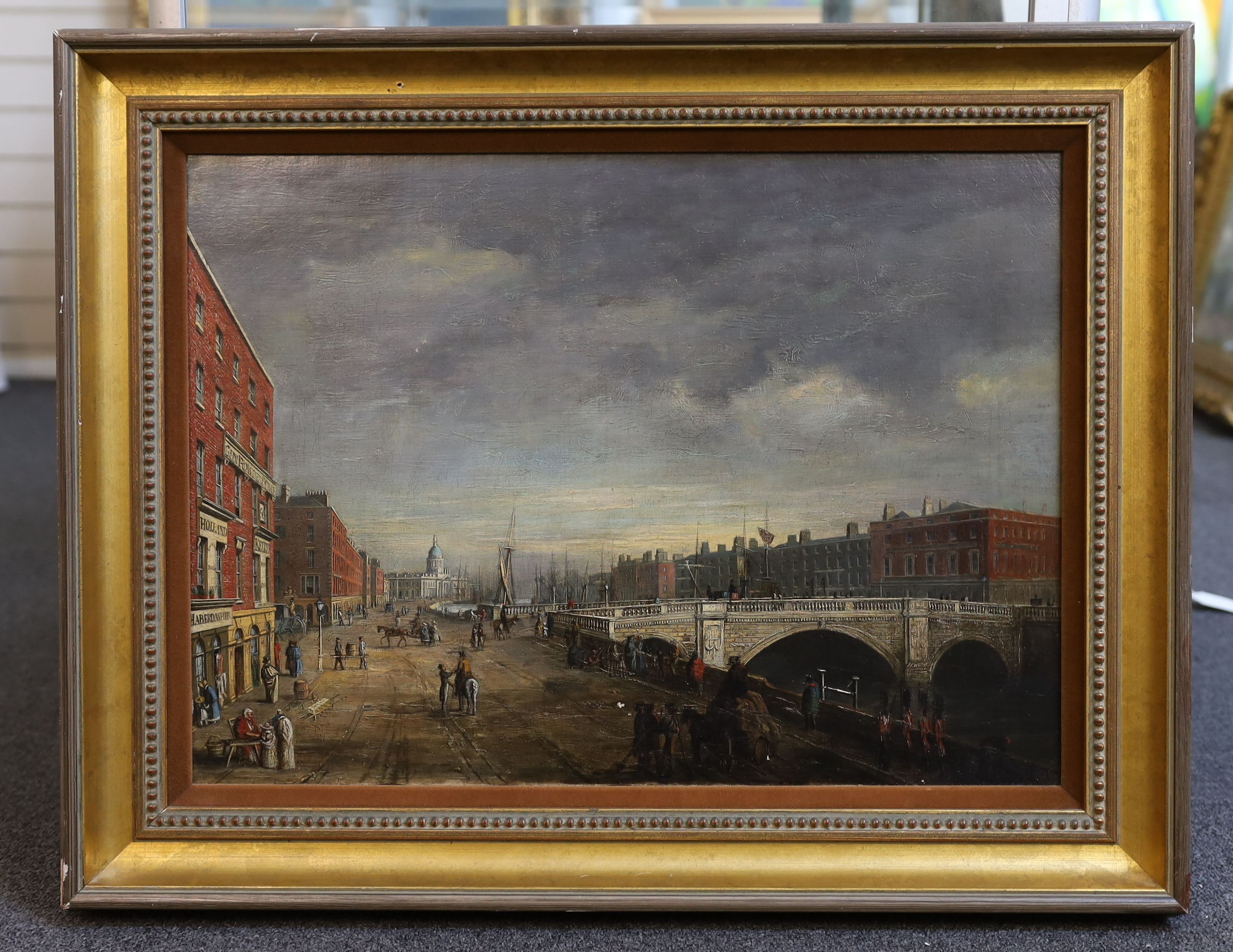 Early 19th century Irish School, View of Carlisle Bridge and Sackville Street, Dublin, oil on canvas, 40 x 55cm